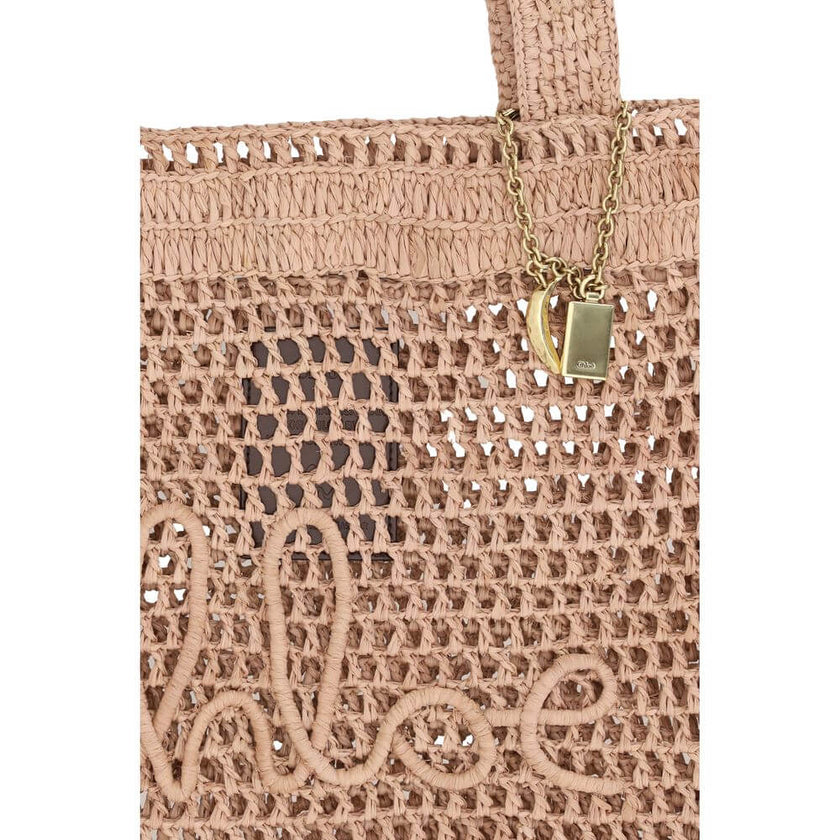 Brown Raffia Shoulder BagChloé’s Summer Banana Tote Bag is an elegant and cool accessory made of raffia with a perforated weave. It has two top handles for convenient carrying and features the iconic monogram embroidered on the front. A golden banana-shap