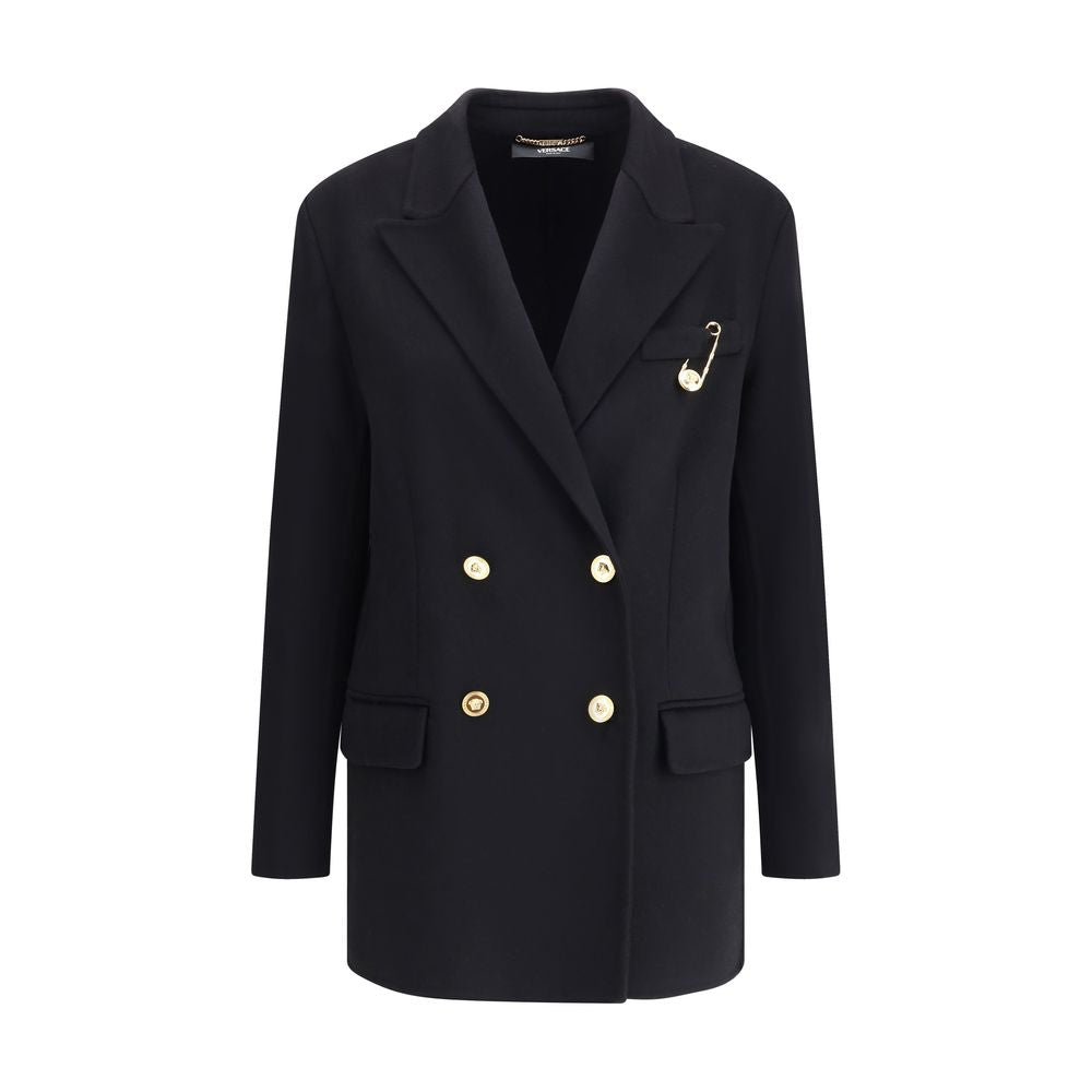 Black Cashmere CoatThe Double-breasted Coat in wool and cashmere blend by Versace combines sartorial elegance with iconic details. The notched lapel, long sleeves, and front patch pockets enhance the coat’s classic lines, while the Safety Pin accessory an