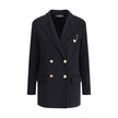 Black Cashmere CoatThe Double-breasted Coat in wool and cashmere blend by Versace combines sartorial elegance with iconic details. The notched lapel, long sleeves, and front patch pockets enhance the coat’s classic lines, while the Safety Pin accessory an