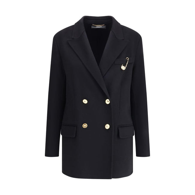 Black Cashmere CoatThe Double-breasted Coat in wool and cashmere blend by Versace combines sartorial elegance with iconic details. The notched lapel, long sleeves, and front patch pockets enhance the coat’s classic lines, while the Safety Pin accessory an