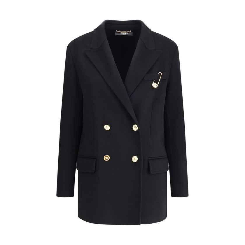 Black Cashmere CoatThe Double-breasted Coat in wool and cashmere blend by Versace combines sartorial elegance with iconic details. The notched lapel, long sleeves, and front patch pockets enhance the coat’s classic lines, while the Safety Pin accessory an