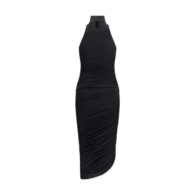 Black Acetate Casual DressThe La Piazza midi Dress by Jacquemus features a high neck and ruched details that give movement to the garment. Sleeveless and sleeveless, it features an asymmetric hemline that adds a modern and sophisticated touch to this eleg