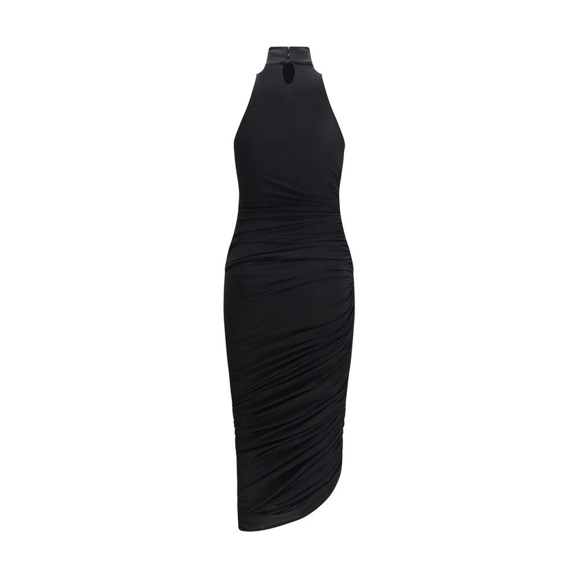 Black Acetate Casual DressThe La Piazza midi Dress by Jacquemus features a high neck and ruched details that give movement to the garment. Sleeveless and sleeveless, it features an asymmetric hemline that adds a modern and sophisticated touch to this eleg