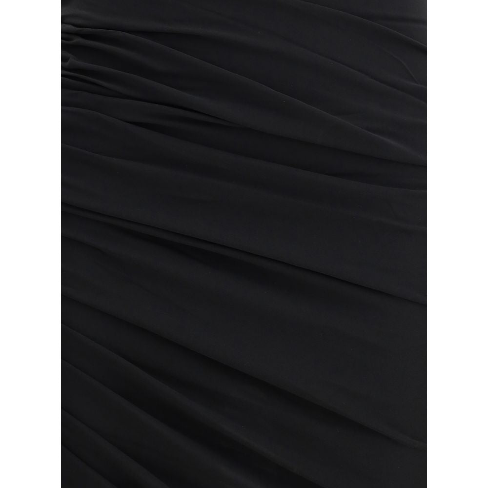 Black Acetate Casual DressThe La Piazza midi Dress by Jacquemus features a high neck and ruched details that give movement to the garment. Sleeveless and sleeveless, it features an asymmetric hemline that adds a modern and sophisticated touch to this eleg