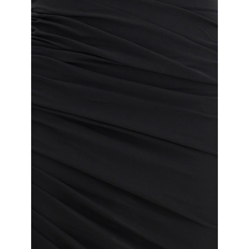 Black Acetate Casual DressThe La Piazza midi Dress by Jacquemus features a high neck and ruched details that give movement to the garment. Sleeveless and sleeveless, it features an asymmetric hemline that adds a modern and sophisticated touch to this eleg