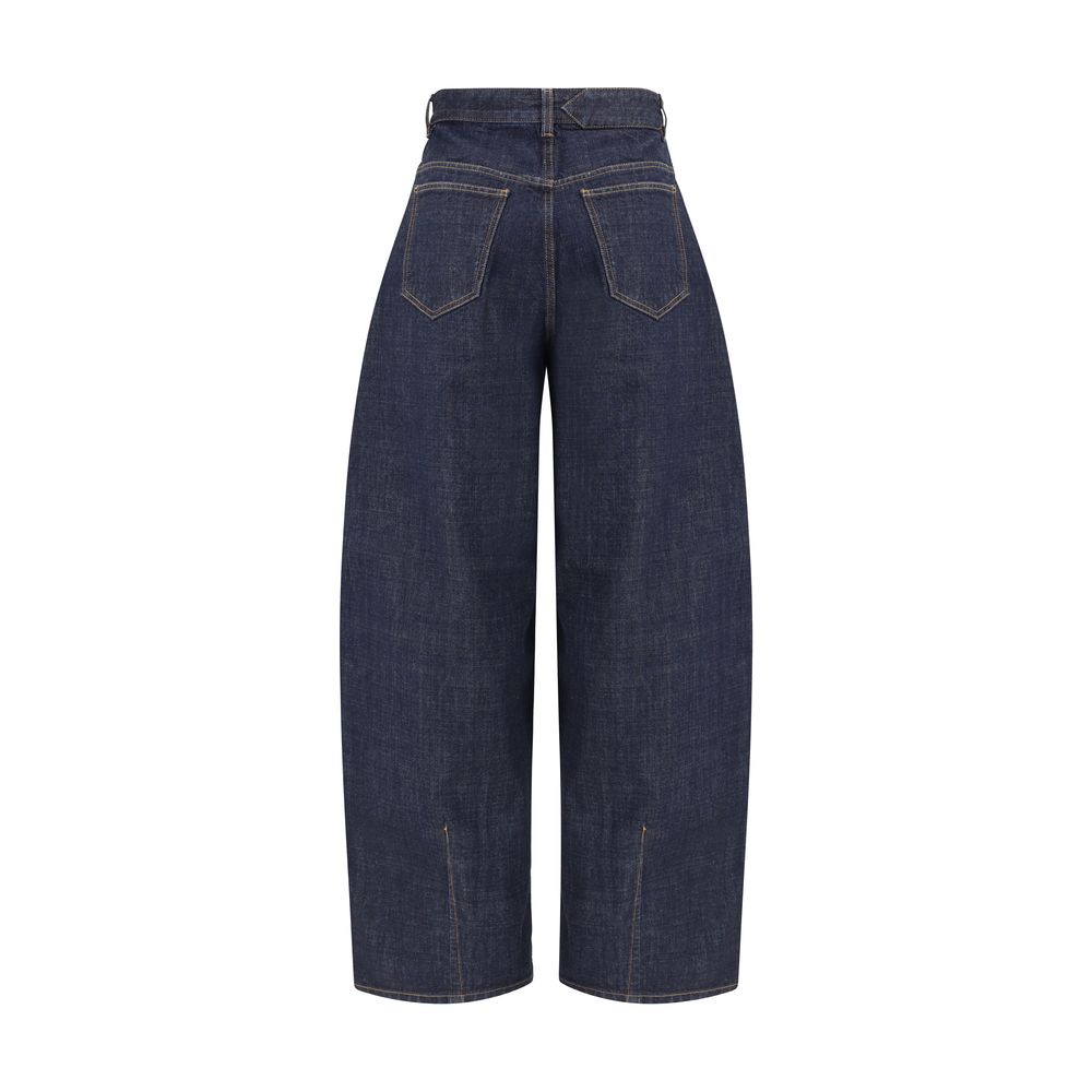 Blue Cotton Relaxed Fit JeansLe de-Nimes oversized Jeans by Jacquemus feature a balloon-leg design that creates a wide, modern silhouette. They feature a front button closure, five classic pockets and belt loops, combining bold style and functionality. Se