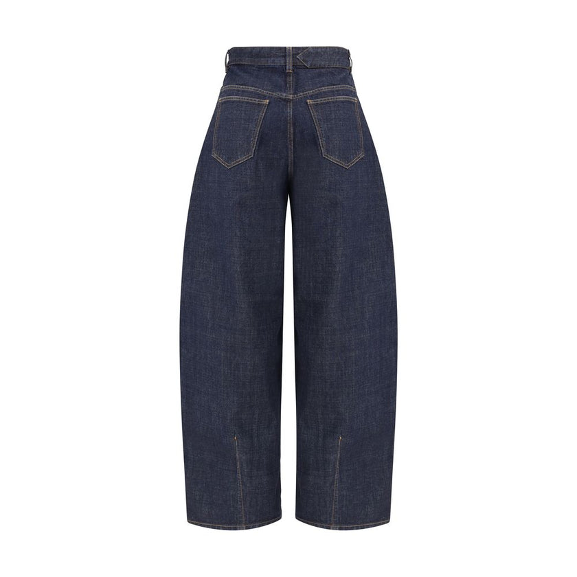 Blue Cotton Relaxed Fit JeansLe de-Nimes oversized Jeans by Jacquemus feature a balloon-leg design that creates a wide, modern silhouette. They feature a front button closure, five classic pockets and belt loops, combining bold style and functionality. Se