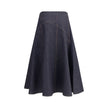 Blue Cotton Midi SkirtThe denim midi Skirt by Jacquemus is a flared design with contrast stitching that enhances its structure. Featuring ‘J’ embroidery on the side and a side zipper closure, it combines a distinctive touch with a versatile, contemporary