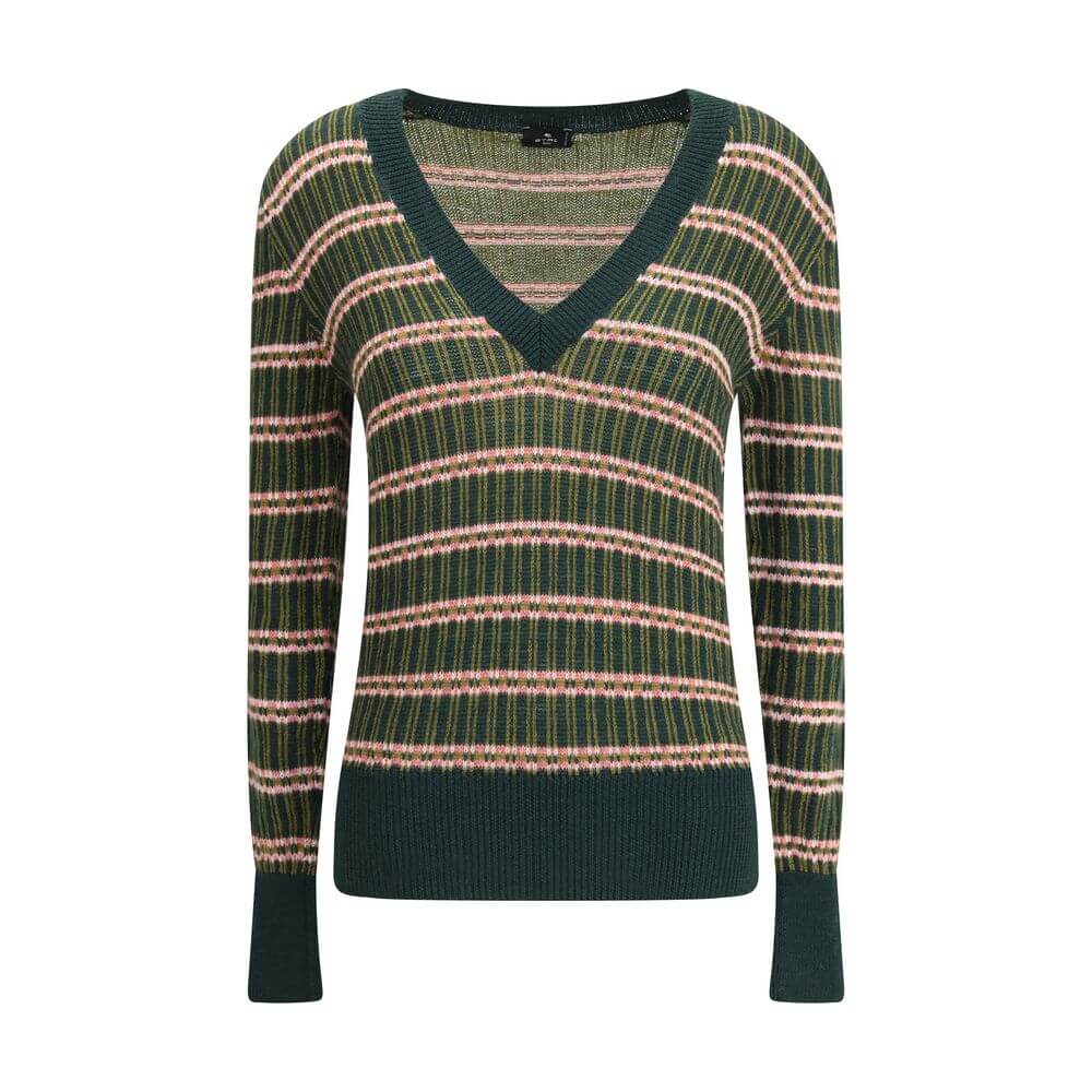 Green Wool SweatshirtEtro’s Horizontally striped wool Sweater is made from a wool blend with a multicolored jacquard pattern. Featuring a slim fit, it features a V-neckline, long sleeves and contrasting ribbed trim on the cuffs and hem for a lively and re
