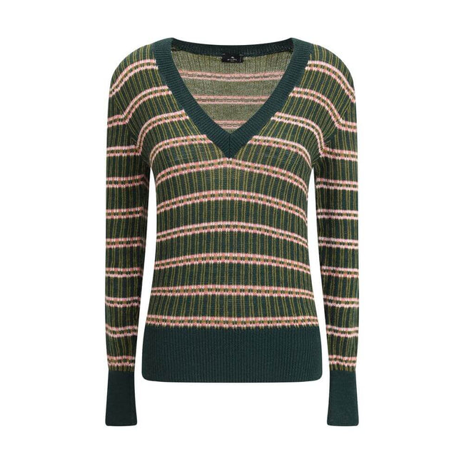 Green Wool SweatshirtEtro’s Horizontally striped wool Sweater is made from a wool blend with a multicolored jacquard pattern. Featuring a slim fit, it features a V-neckline, long sleeves and contrasting ribbed trim on the cuffs and hem for a lively and re
