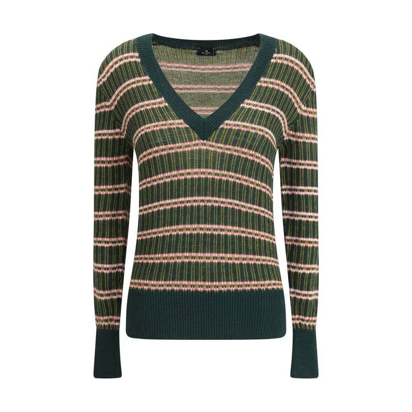 Green Wool SweatshirtEtro’s Horizontally striped wool Sweater is made from a wool blend with a multicolored jacquard pattern. Featuring a slim fit, it features a V-neckline, long sleeves and contrasting ribbed trim on the cuffs and hem for a lively and re