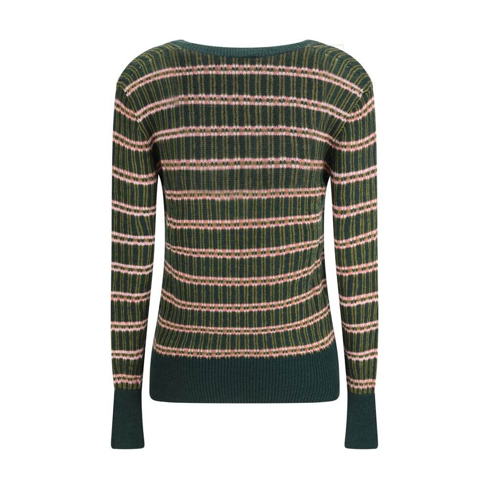 Green Wool SweatshirtEtro’s Horizontally striped wool Sweater is made from a wool blend with a multicolored jacquard pattern. Featuring a slim fit, it features a V-neckline, long sleeves and contrasting ribbed trim on the cuffs and hem for a lively and re