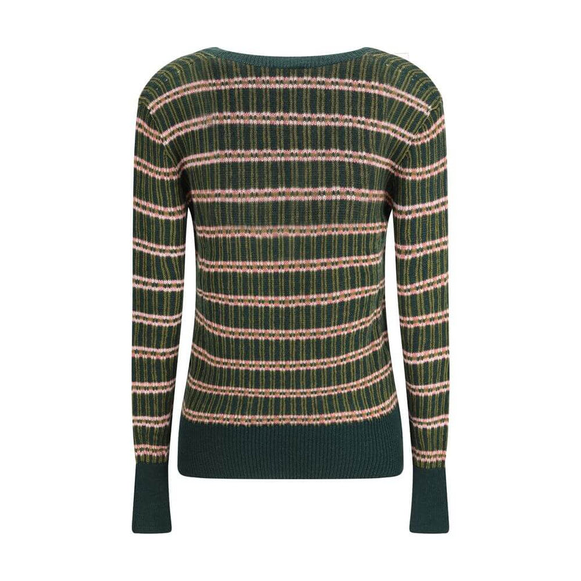 Green Wool SweatshirtEtro’s Horizontally striped wool Sweater is made from a wool blend with a multicolored jacquard pattern. Featuring a slim fit, it features a V-neckline, long sleeves and contrasting ribbed trim on the cuffs and hem for a lively and re