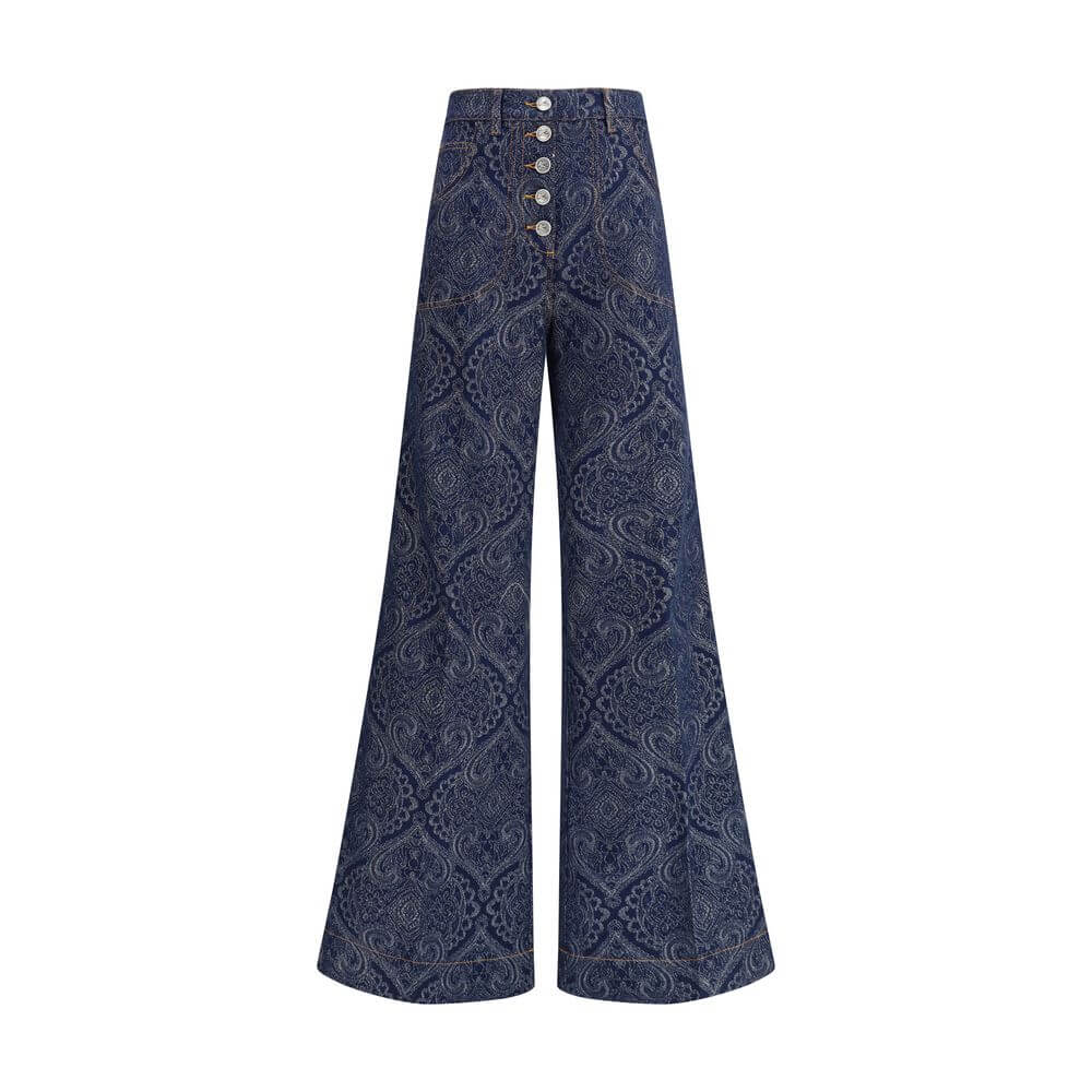 Blue Cotton Flared JeansEtro’s jacquard-patterned flare Jeans feature an abstract jacquard pattern on lightly stretch délavé cotton denim. The five-pocket style features a fitted shape at the hips and flared from the knee down, with a Pegaso button closur