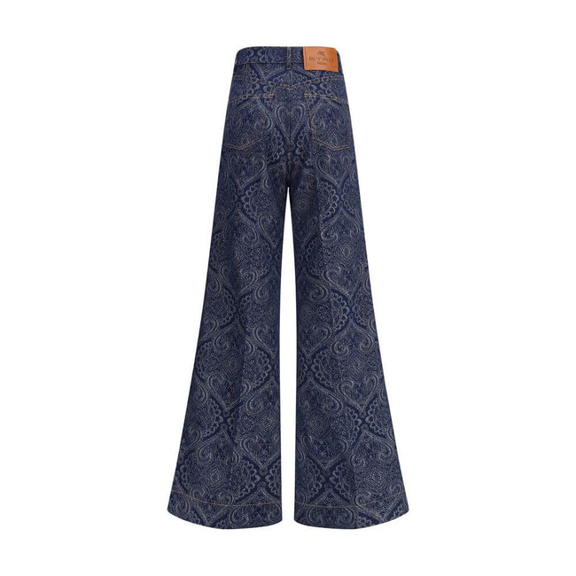 Blue Cotton Flared JeansEtro’s jacquard-patterned flare Jeans feature an abstract jacquard pattern on lightly stretch délavé cotton denim. The five-pocket style features a fitted shape at the hips and flared from the knee down, with a Pegaso button closur