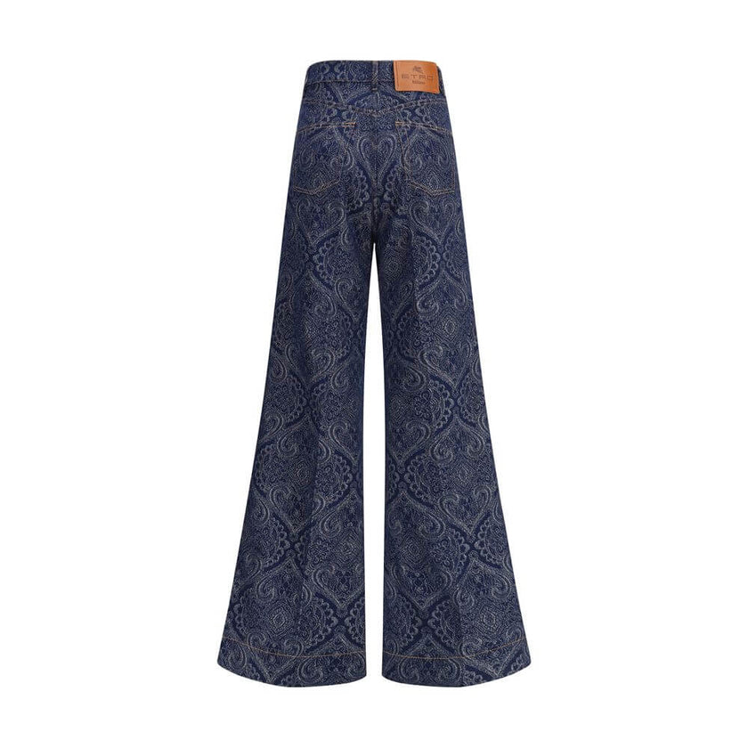 Blue Cotton Flared JeansEtro’s jacquard-patterned flare Jeans feature an abstract jacquard pattern on lightly stretch délavé cotton denim. The five-pocket style features a fitted shape at the hips and flared from the knee down, with a Pegaso button closur