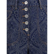 Blue Cotton Flared JeansEtro’s jacquard-patterned flare Jeans feature an abstract jacquard pattern on lightly stretch délavé cotton denim. The five-pocket style features a fitted shape at the hips and flared from the knee down, with a Pegaso button closur