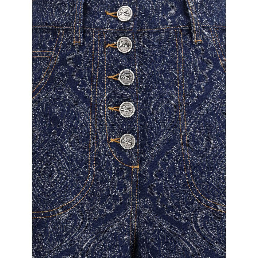 Blue Cotton Flared JeansEtro’s jacquard-patterned flare Jeans feature an abstract jacquard pattern on lightly stretch délavé cotton denim. The five-pocket style features a fitted shape at the hips and flared from the knee down, with a Pegaso button closur