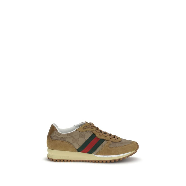 Beige Polyamide Athletic SneakersThe Nora Sneakers by Gucci combine sporty heritage and contemporary style. Crafted from black Original GG canvas with suede trim and GG nylon inserts, they feature the iconic green and red Web stripe on the sides. The rubb
