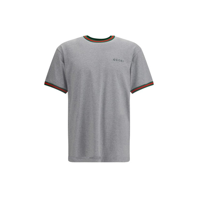 Gray Cotton T-ShirtLight grey melange cotton T-shirt with Gucci embroidery on the chest and contrasting Web details. Season: AW25 Fit: Regular Composition: 100% Cotton MADE IN ITALYGray Cotton T-Shirt${tagsGucciAulae Cotton T-shirt with embroidered logo G