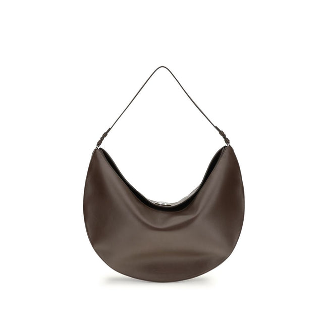 Brown Calf Leather Bos Taurus Shoulder BagThe Ovalo Bag by Jacquemus is an elegant large hobo bag crafted from smooth leather, featuring a slim shoulder strap for easy carrying. The flap with a large engraved snap button ensures secure closure, while the