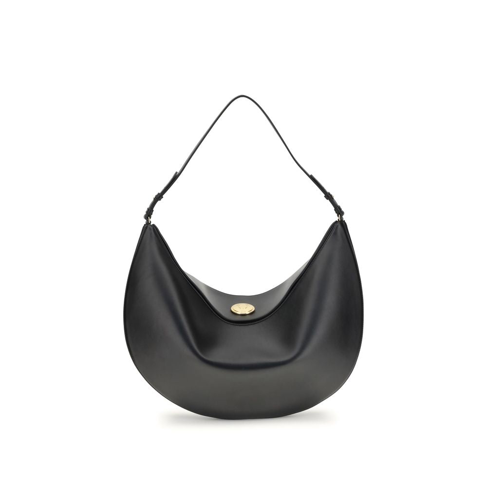 Black Calf Leather Bos Taurus Shoulder BagThe Ovalo Bag by Jacquemus is an elegant large hobo bag crafted from smooth leather, featuring a slim shoulder strap for easy carrying. The flap with a large engraved snap button ensures secure closure, while the