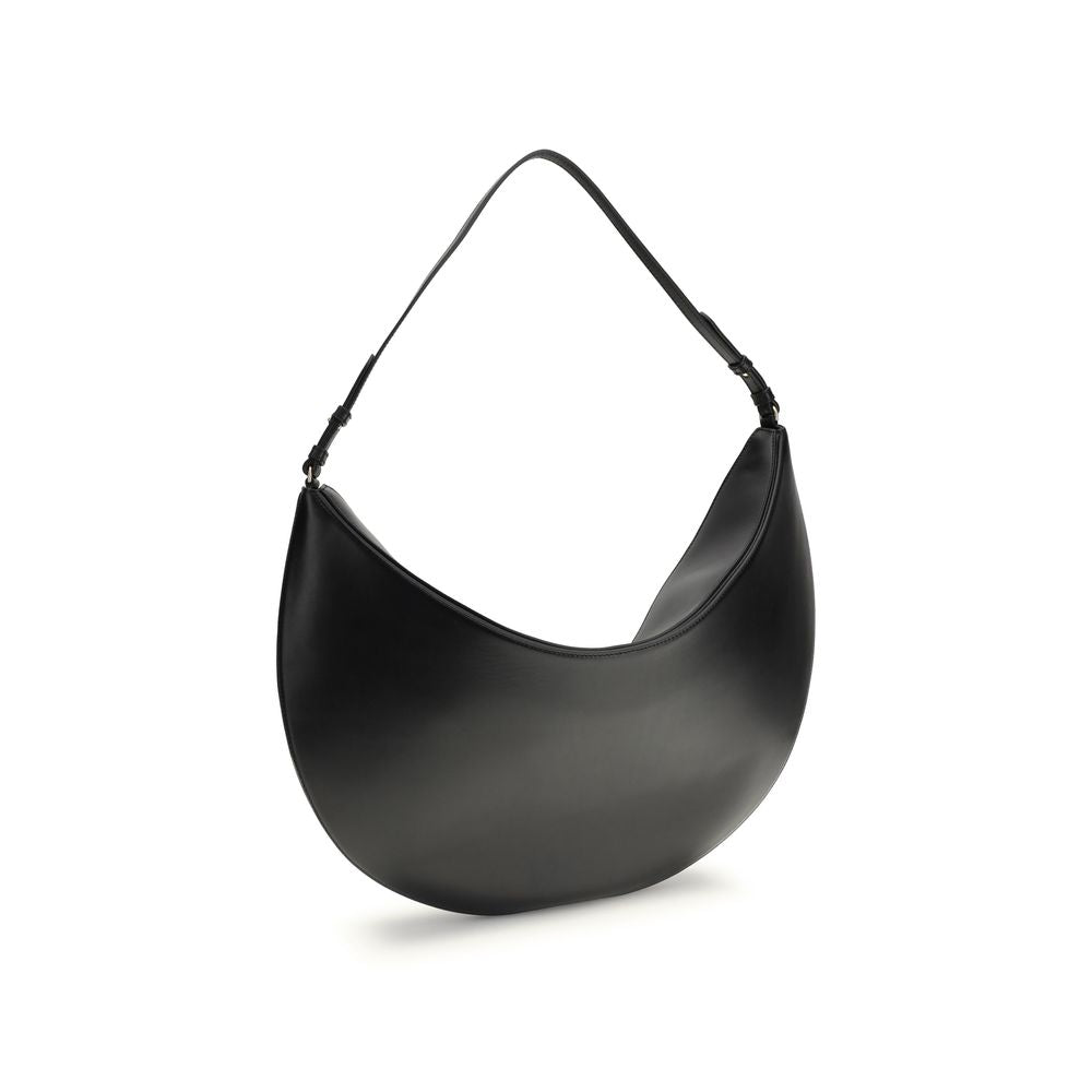 Black Calf Leather Bos Taurus Shoulder BagThe Ovalo Bag by Jacquemus is an elegant large hobo bag crafted from smooth leather, featuring a slim shoulder strap for easy carrying. The flap with a large engraved snap button ensures secure closure, while the