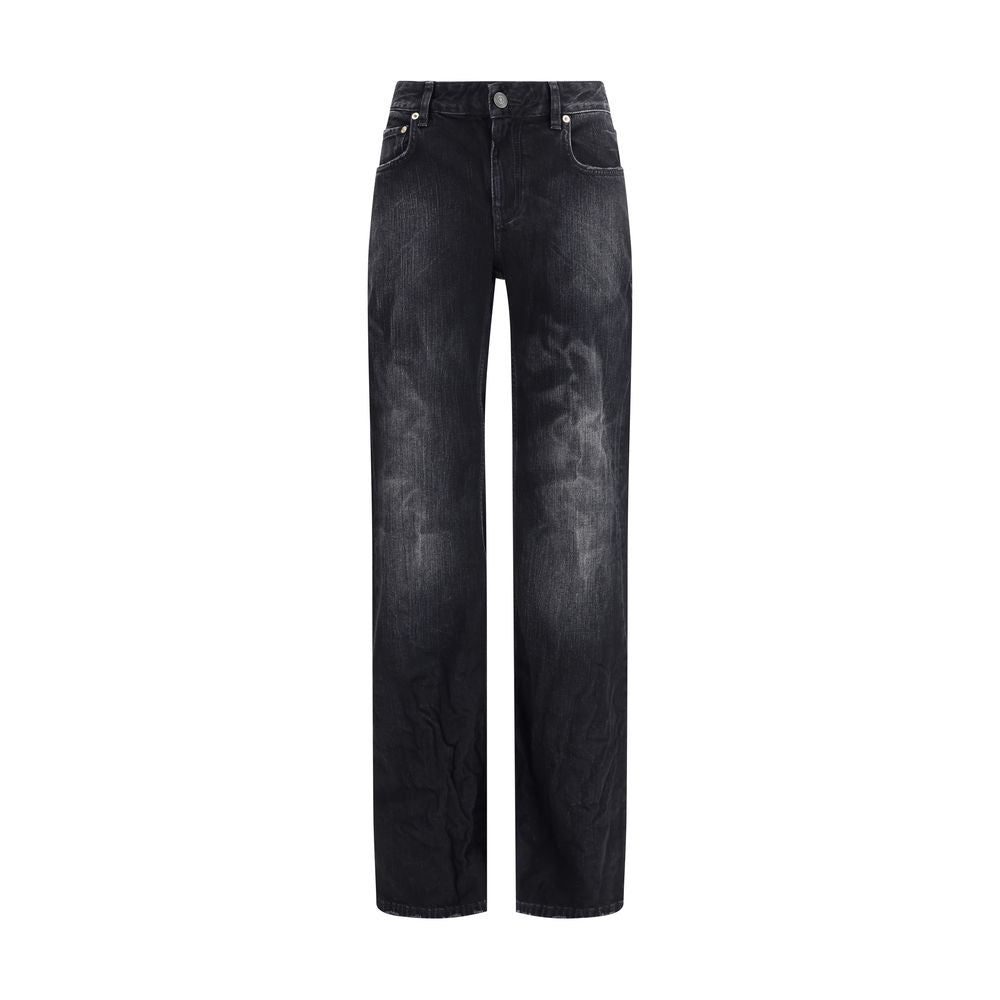 Black Cotton Relaxed Fit JeansThe Cotton Denim Jeans feature a faded, worn-in look with a slightly crinkled finish. With a mid-rise waist, hidden zip fly, five belt loops, and five pockets, they combine casual style and practicality in a versatile piece.