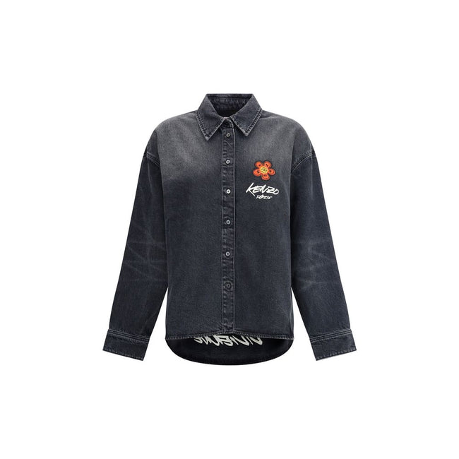 Black Denim ShirtThe Kenzo x Futura 2000 Japanese stone bleach wash denim shirt features a classic collar, single-breasted closure, button cuffs, and Futura 2000 Boke Flower embroidery on the chest, complemented by a logo label on the back. Season: AW25 F