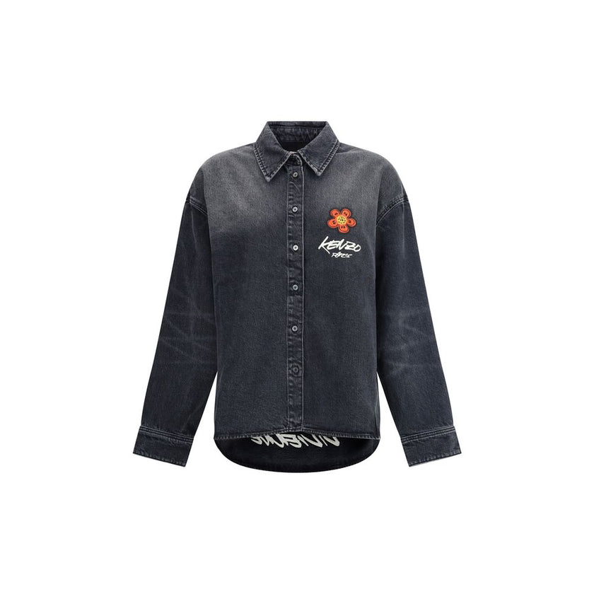 Black Denim ShirtThe Kenzo x Futura 2000 Japanese stone bleach wash denim shirt features a classic collar, single-breasted closure, button cuffs, and Futura 2000 Boke Flower embroidery on the chest, complemented by a logo label on the back. Season: AW25 F