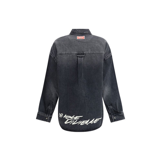 Black Denim ShirtThe Kenzo x Futura 2000 Japanese stone bleach wash denim shirt features a classic collar, single-breasted closure, button cuffs, and Futura 2000 Boke Flower embroidery on the chest, complemented by a logo label on the back. Season: AW25 F