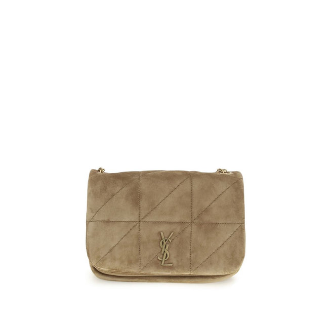 Beige Calf Leather Bos Taurus Shoulder BagThe Jamie Shoulder Bag by Saint Laurent is made of suede and features a sleek and sophisticated design. It has a flat top handle and a chain shoulder strap with a leather insert for added comfort. The flap closure