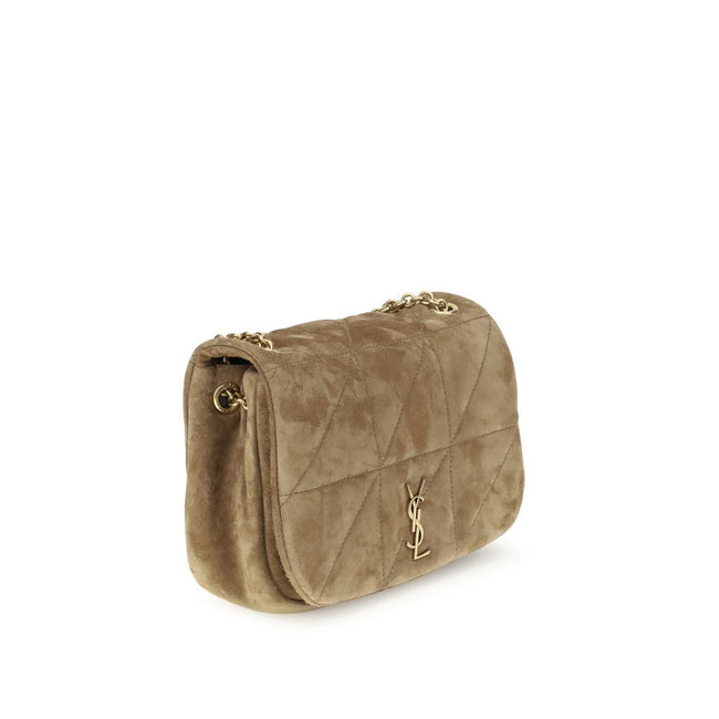 Beige Calf Leather Bos Taurus Shoulder BagThe Jamie Shoulder Bag by Saint Laurent is made of suede and features a sleek and sophisticated design. It has a flat top handle and a chain shoulder strap with a leather insert for added comfort. The flap closure