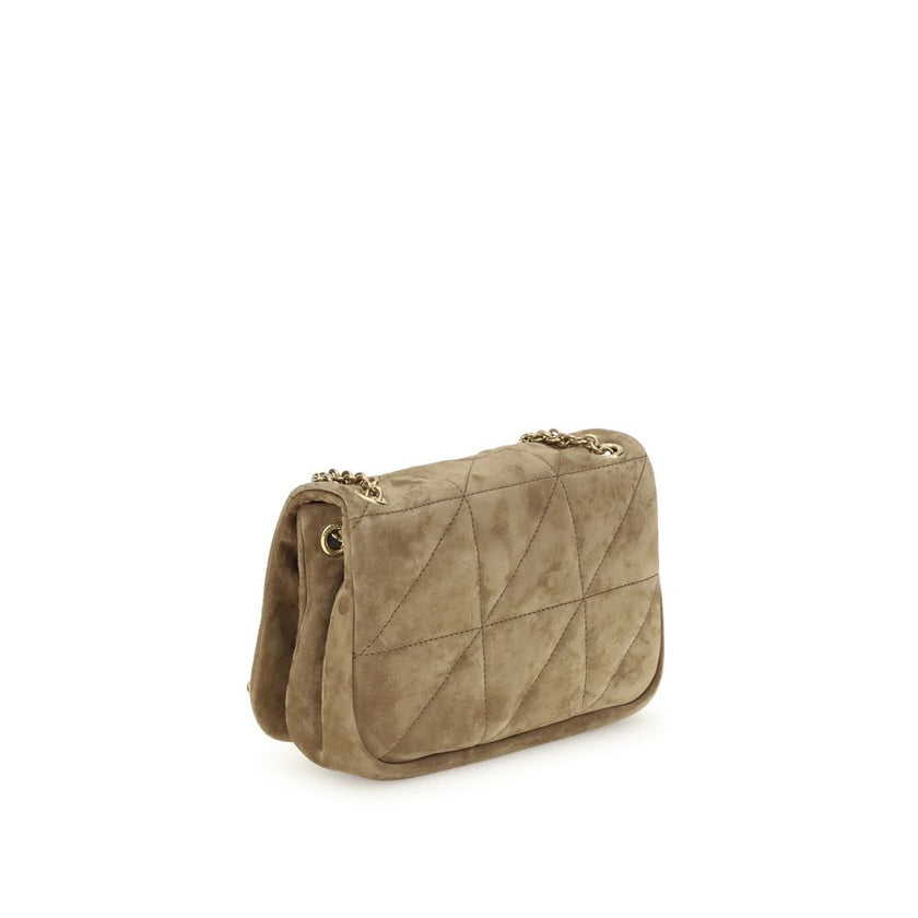 Beige Calf Leather Bos Taurus Shoulder BagThe Jamie Shoulder Bag by Saint Laurent is made of suede and features a sleek and sophisticated design. It has a flat top handle and a chain shoulder strap with a leather insert for added comfort. The flap closure