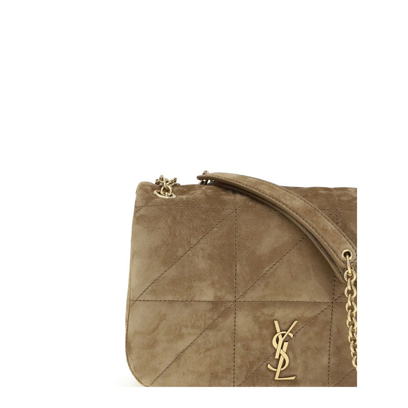 Beige Calf Leather Bos Taurus Shoulder BagThe Jamie Shoulder Bag by Saint Laurent is made of suede and features a sleek and sophisticated design. It has a flat top handle and a chain shoulder strap with a leather insert for added comfort. The flap closure