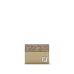 Beige Calf Leather Bos Taurus WalletThe Squared Card Holder by Fendi is a compact and elegant accessory, featuring six card slots and a central flat pocket. Crafted in beige leather, it is enriched with tone-on-tone FF canvas details and finished with a m