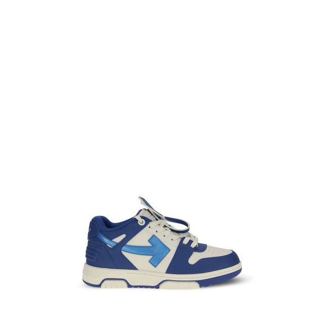 Blue Leather Chunky SneakersThe Out Of Office Sneakers by Off-White are crafted in leather and feature the signature Arrows motif and leather Safety Tag. With a round toe, contrasting front laces, heel reinforcement, and a flat rubber sole, they offer a b
