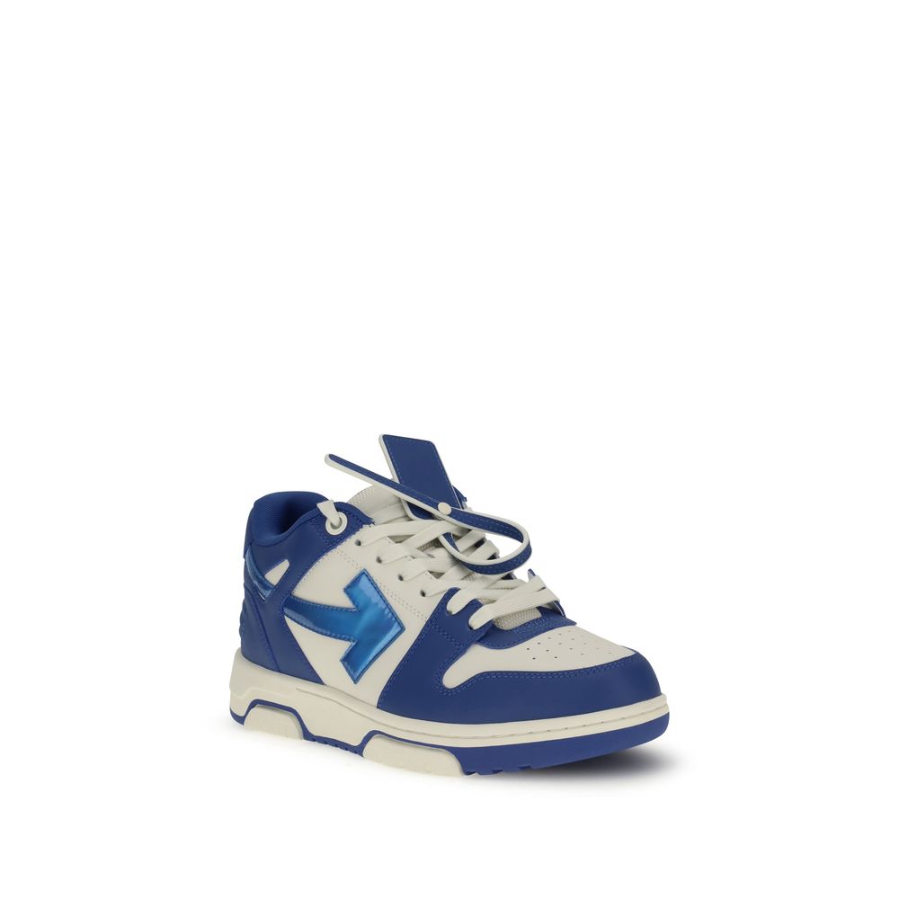 Blue Leather Chunky SneakersThe Out Of Office Sneakers by Off-White are crafted in leather and feature the signature Arrows motif and leather Safety Tag. With a round toe, contrasting front laces, heel reinforcement, and a flat rubber sole, they offer a b