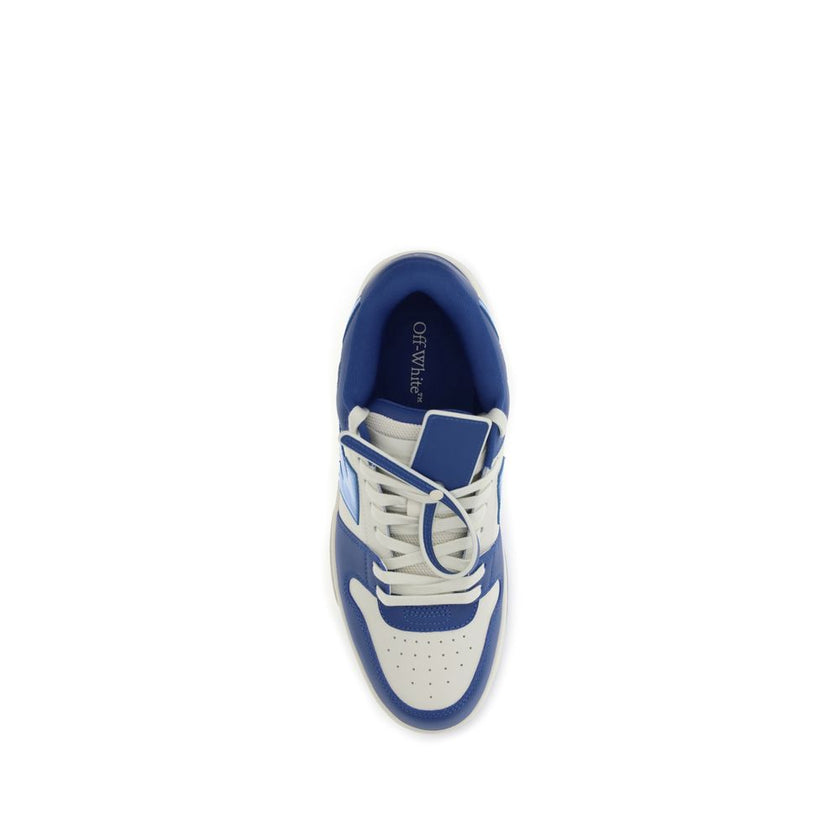 Blue Leather Chunky SneakersThe Out Of Office Sneakers by Off-White are crafted in leather and feature the signature Arrows motif and leather Safety Tag. With a round toe, contrasting front laces, heel reinforcement, and a flat rubber sole, they offer a b