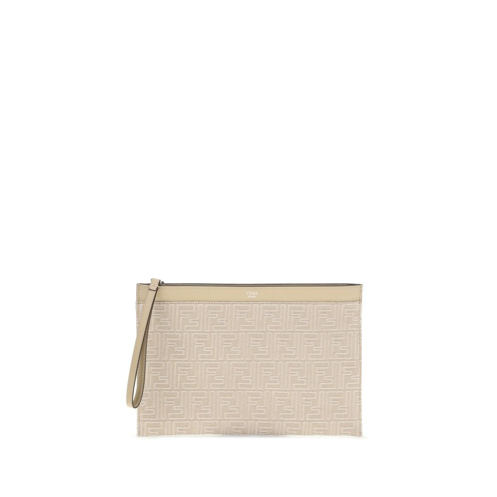 Cream Cotton Clutch BagThe Fendi denim Pouch is a compact and sophisticated accessory, crafted from denim with an all-over FF motif embroidery. The Fendi Roma print on the top highlights its distinctive identity. Completed with a leather wrist strap and a