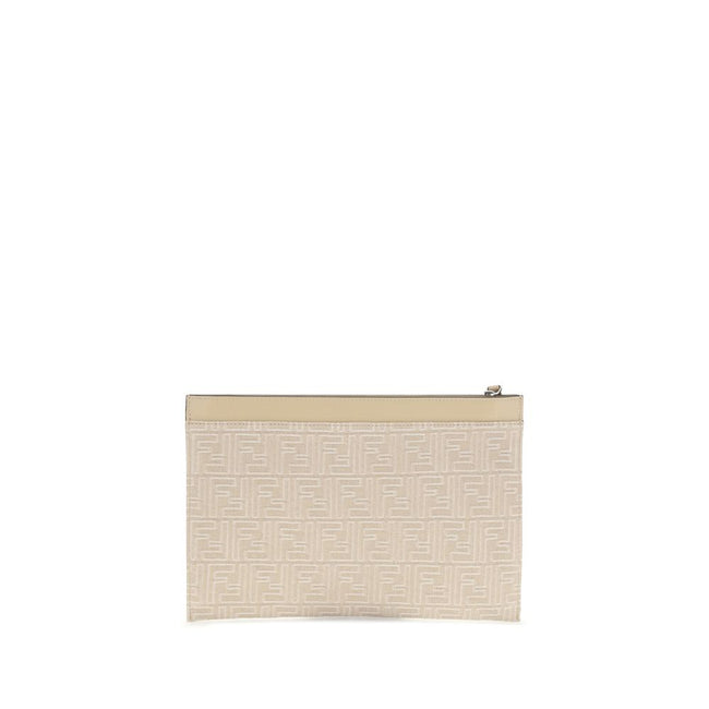 Cream Cotton Clutch BagThe Fendi denim Pouch is a compact and sophisticated accessory, crafted from denim with an all-over FF motif embroidery. The Fendi Roma print on the top highlights its distinctive identity. Completed with a leather wrist strap and a