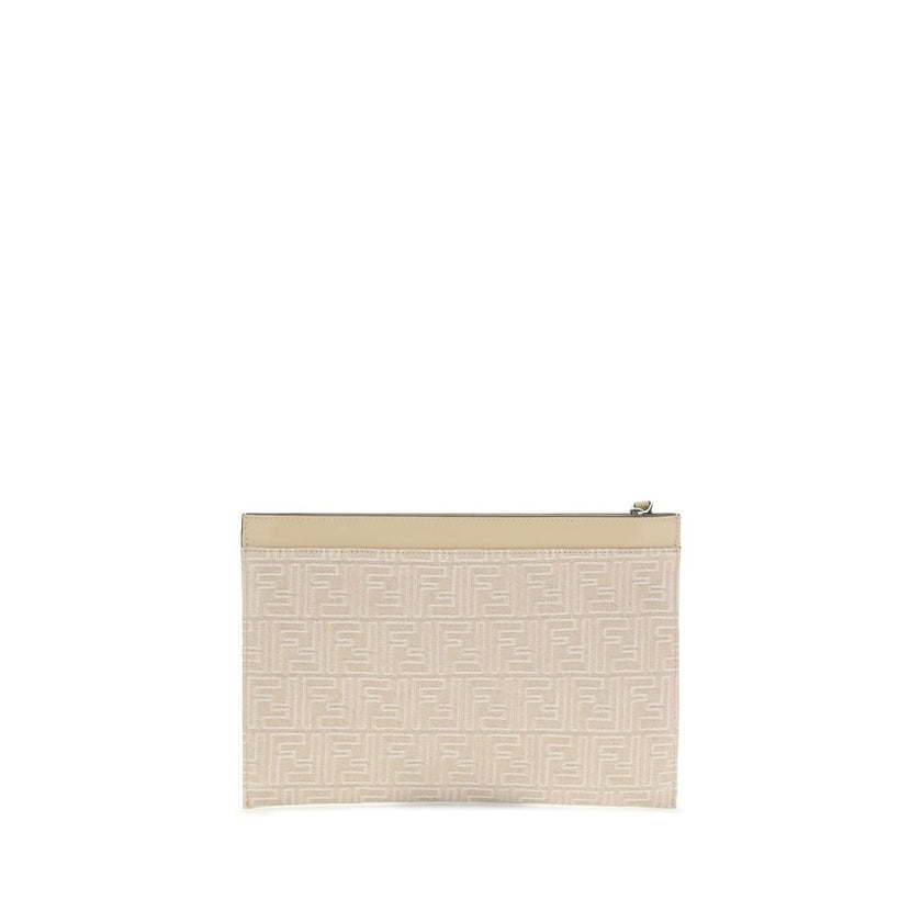 Cream Cotton Clutch BagThe Fendi denim Pouch is a compact and sophisticated accessory, crafted from denim with an all-over FF motif embroidery. The Fendi Roma print on the top highlights its distinctive identity. Completed with a leather wrist strap and a