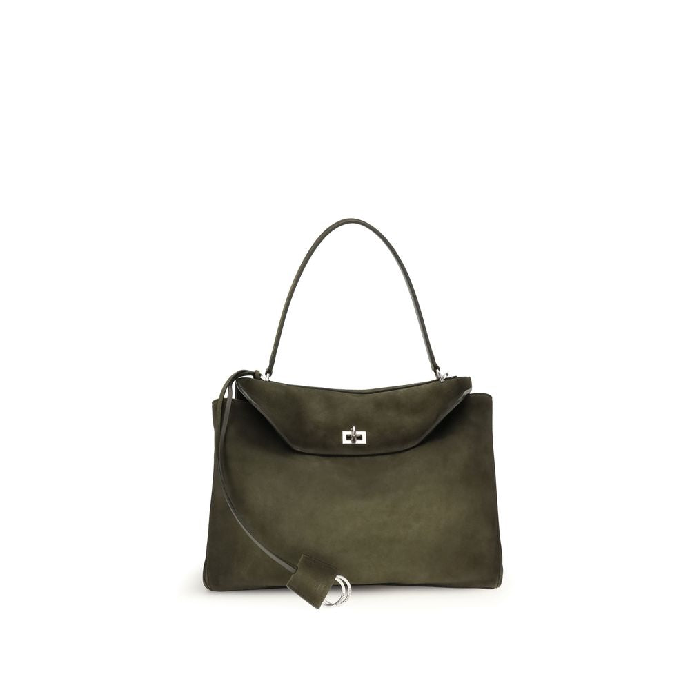 Green Calf Leather Bos Taurus Shoulder BagThe Medium Rodeo Bag by Balenciaga blends sophistication and practicality with its combination of waxed suede calfskin and smooth leather. It features a top handle and a detachable shoulder strap for versatile car