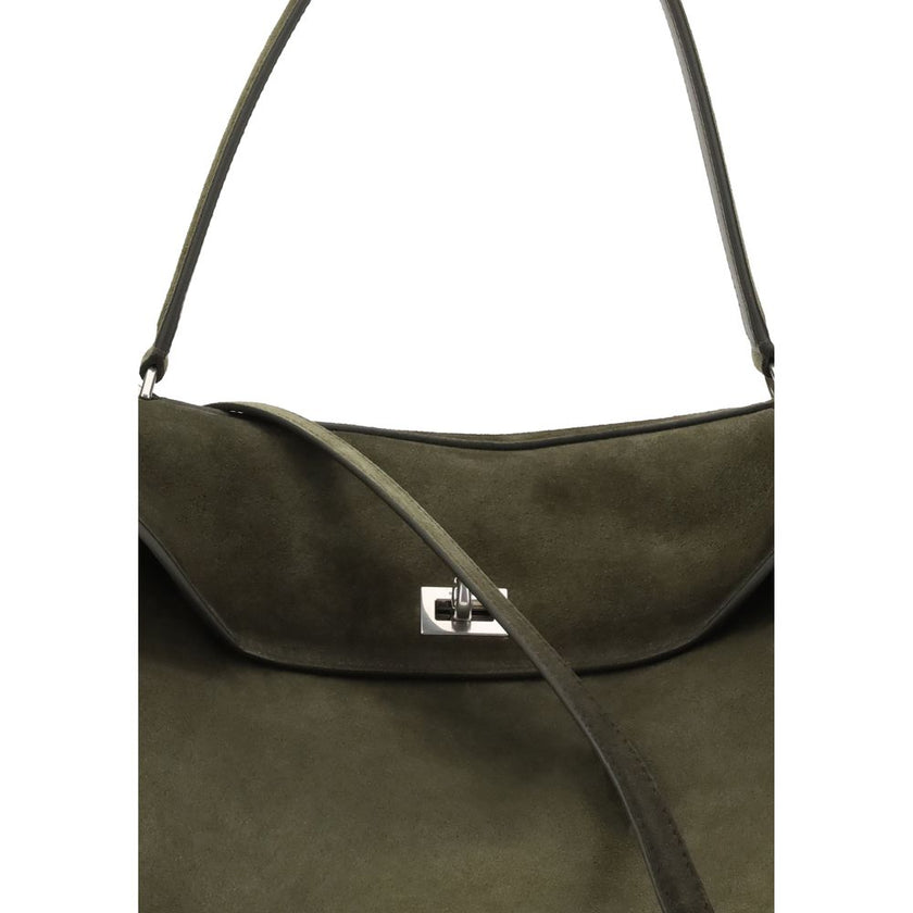 Green Calf Leather Bos Taurus Shoulder BagThe Medium Rodeo Bag by Balenciaga blends sophistication and practicality with its combination of waxed suede calfskin and smooth leather. It features a top handle and a detachable shoulder strap for versatile car