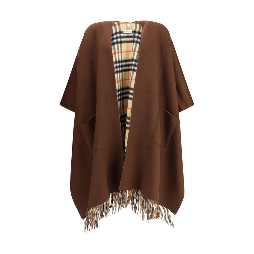 Brown Cashmere CoatThe double-face wool and cashmere cape, reversible with Burberry Check pattern and Equestrian Knight embroidery, with bangs and side pockets. Season: AW25 Fit: Oversize Composition: 48% Kashmir/capra Hircus 52% Wool MADE IN GREAT BRITAI
