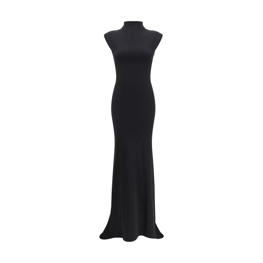 Black Viscose Cocktail DressThe Jacquemus fitted Dress in stretch crêpe features cap sleeves, a high neckline, and ruched detailing at the back. With an invisible zip closure and floor-length silhouette, it offers a slim and elegant fit, perfect for forma