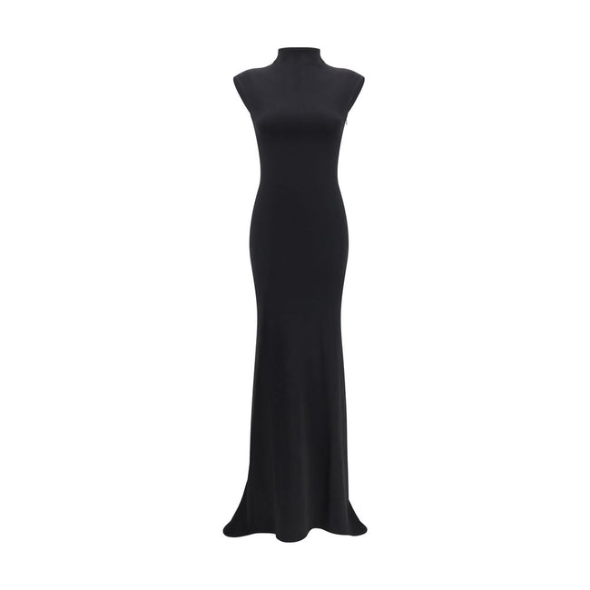 Black Viscose Cocktail DressThe Jacquemus fitted Dress in stretch crêpe features cap sleeves, a high neckline, and ruched detailing at the back. With an invisible zip closure and floor-length silhouette, it offers a slim and elegant fit, perfect for forma