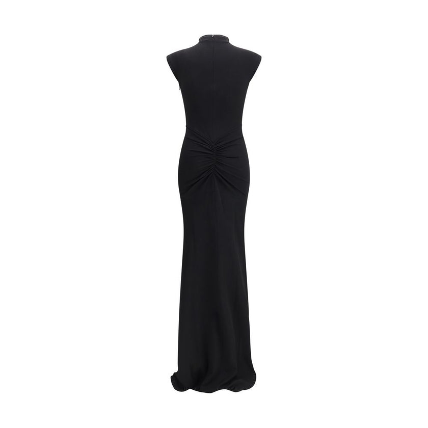 Black Viscose Cocktail DressThe Jacquemus fitted Dress in stretch crêpe features cap sleeves, a high neckline, and ruched detailing at the back. With an invisible zip closure and floor-length silhouette, it offers a slim and elegant fit, perfect for forma