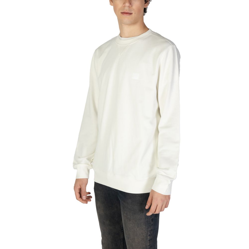 White Cotton SweatshirtThe Boss Westart 10234591 02 men’s crew neck sweatshirt (model 50509323) is a must-have and versatile piece for the modern man’s wardrobe. Made from 100% pure cotton, it ensures softness and comfort, as well as breathability and dur