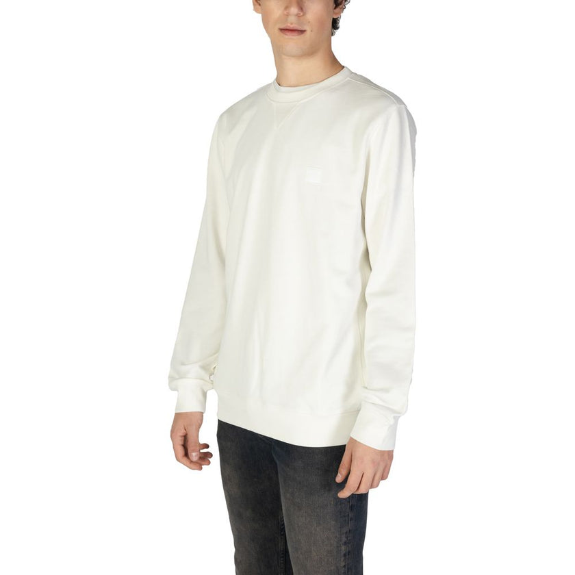 White Cotton SweatshirtThe Boss Westart 10234591 02 men’s crew neck sweatshirt (model 50509323) is a must-have and versatile piece for the modern man’s wardrobe. Made from 100% pure cotton, it ensures softness and comfort, as well as breathability and dur